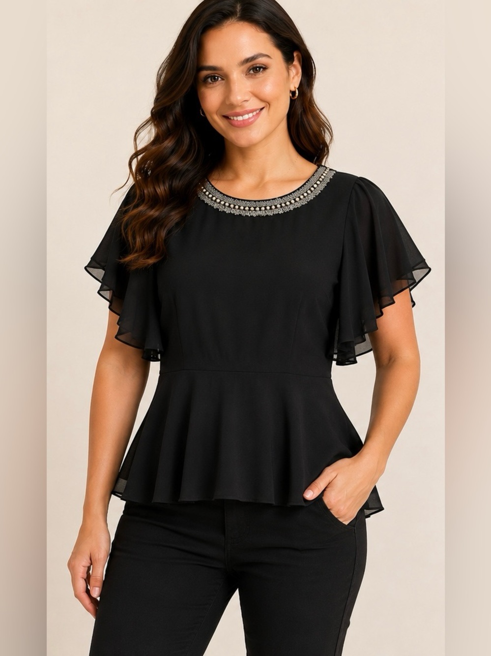 The Limited Black Beaded Crew Neck Chiffon Peplum Blouse XL